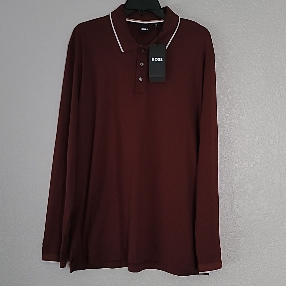 Hugo Boss Dark Red Long Sleeve Polo Jersey  Pullover Shirt XXL